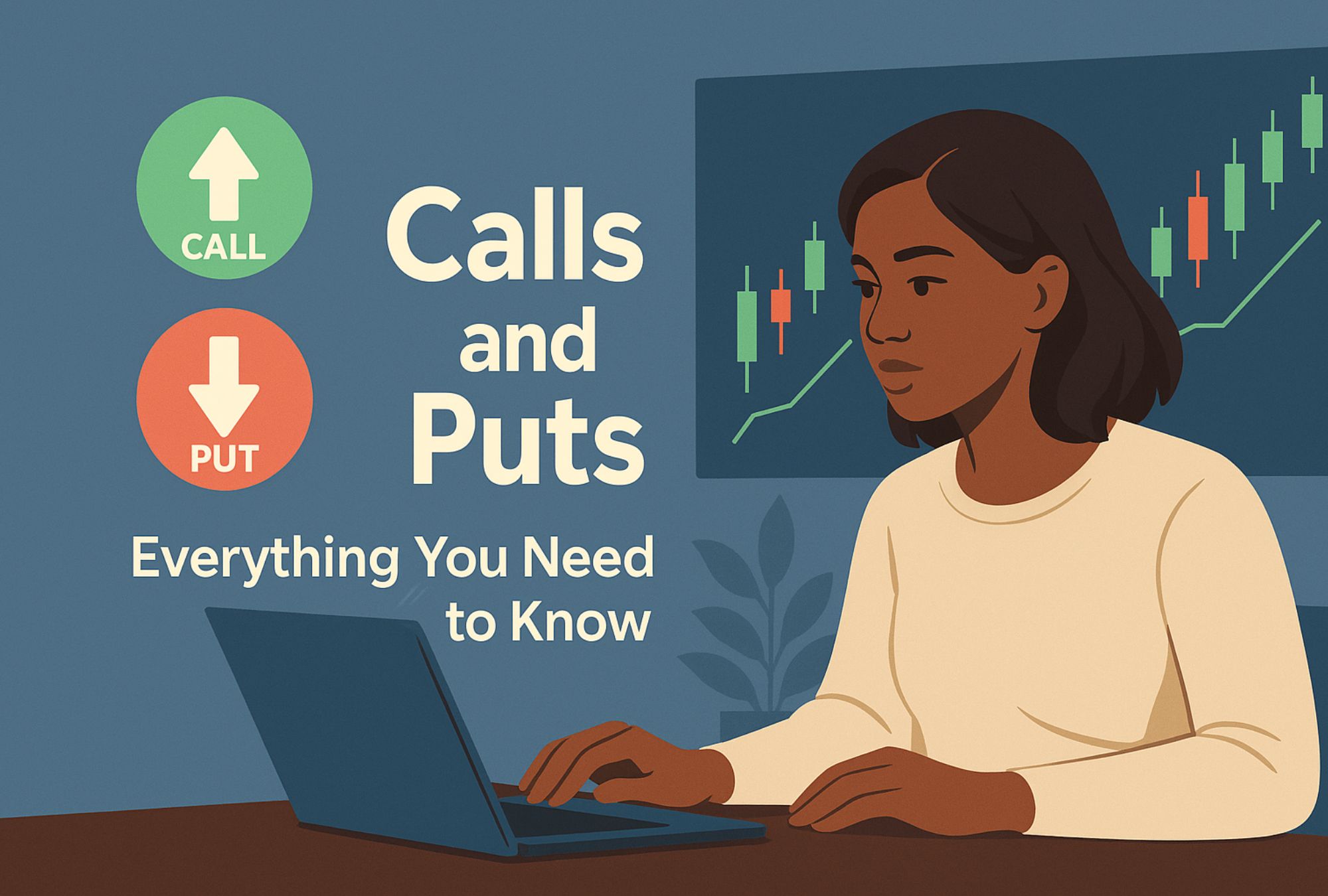A cartoon woman on a computer trading with a candlestick chart in the background and text reading "calls and puts: everything you need to know"