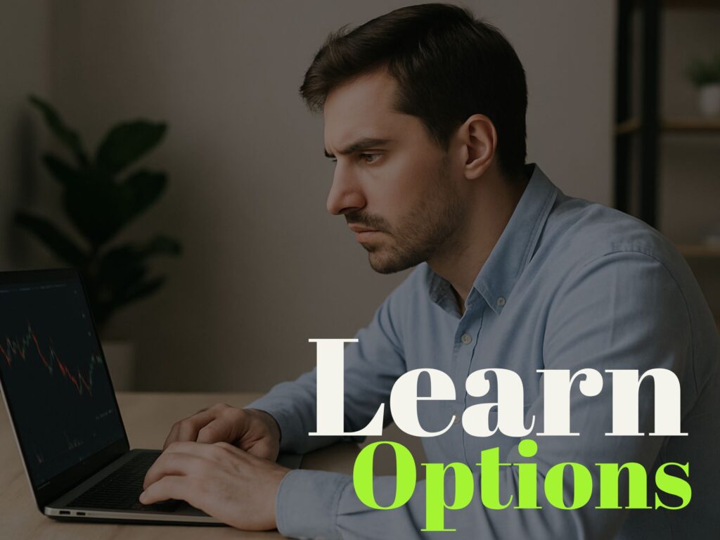 A man trading on his laptop with text reading "Learn Options".