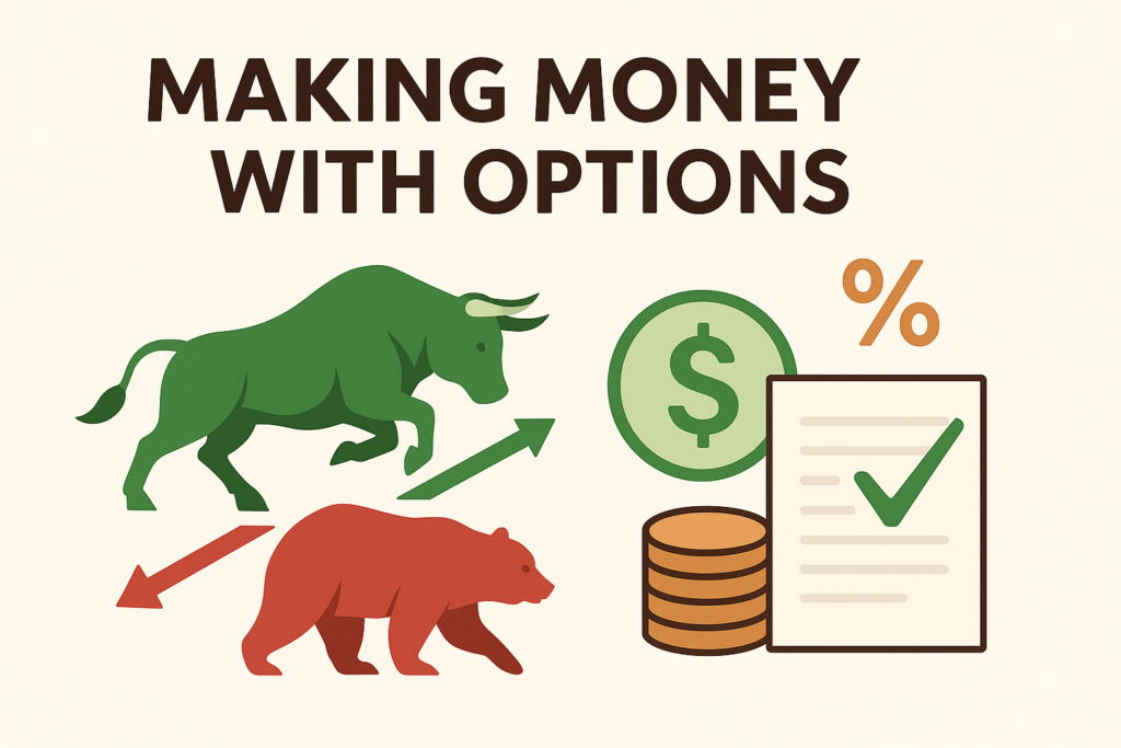 A graphic with a bull and a bear and text reading "Making money with options."