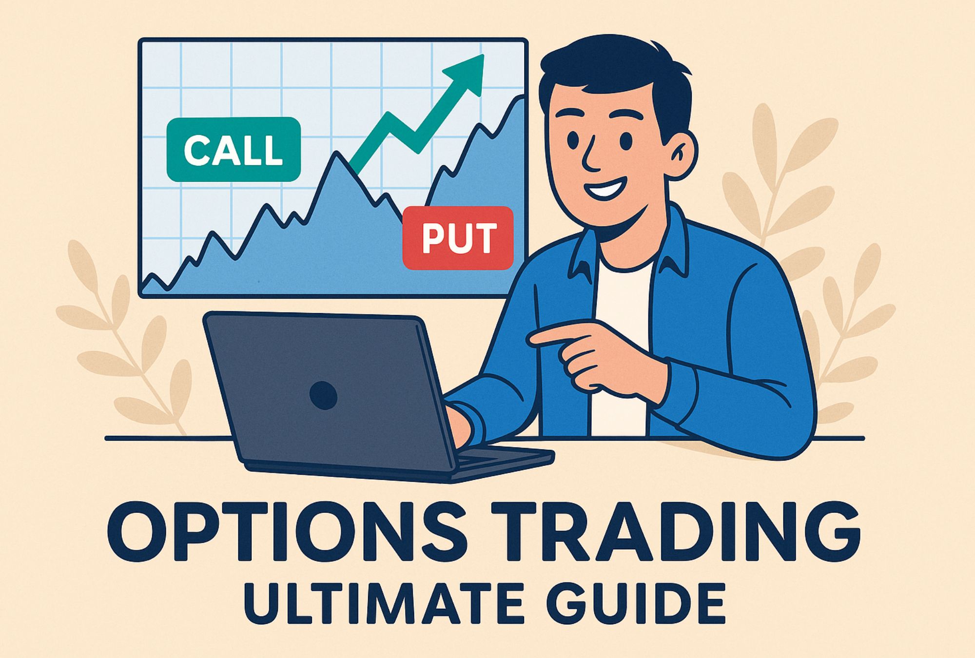 A graphic of a guy on his laptop with text reading "Options trading ultimate guide".
