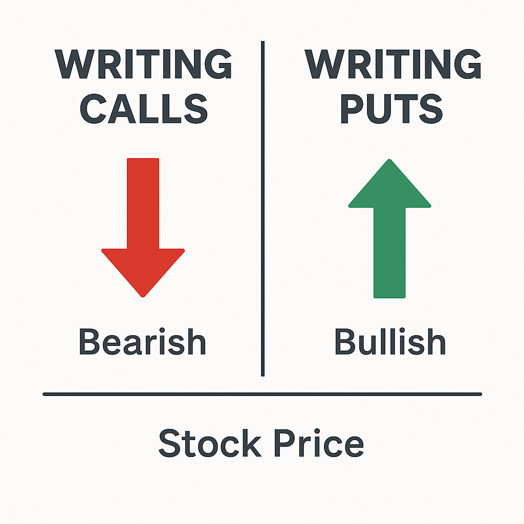 A graphic showing the difference between writing calls and writing puts in options trading.